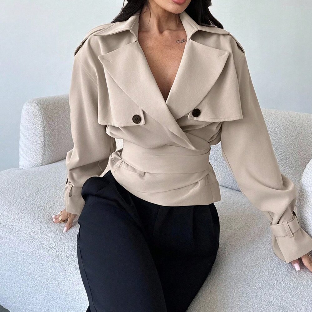 Mocha Brown Casual Women's Elegant Lapel Neck Short Trench Coat - Picture 5 of 8